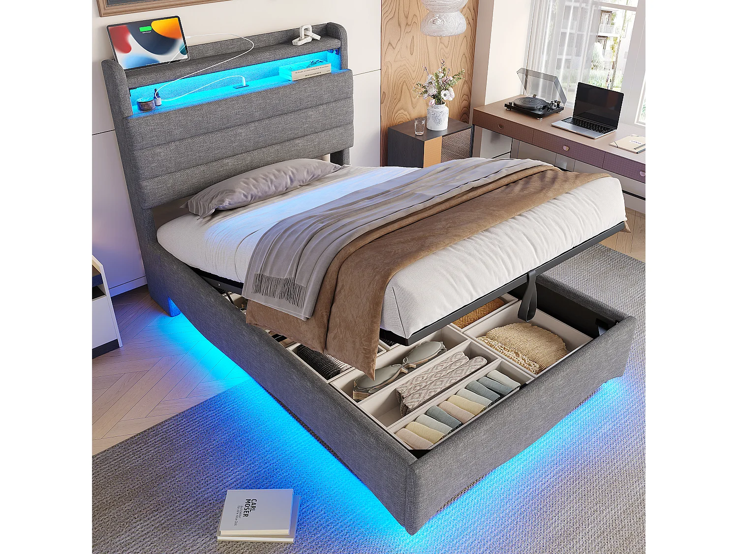 Lit coffre capitonné 90x200 cm - avec lumière LED - avec interface USB + Type-C - avec compartiments de rangement - tissu lin - gris (matelas non inclus)