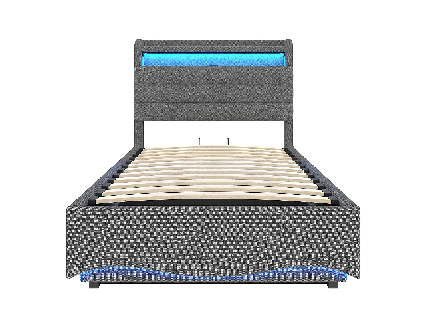 Lit coffre capitonné 90x200 cm - avec lumière LED - avec interface USB + Type-C - avec compartiments de rangement - tissu lin - gris (matelas non inclus)