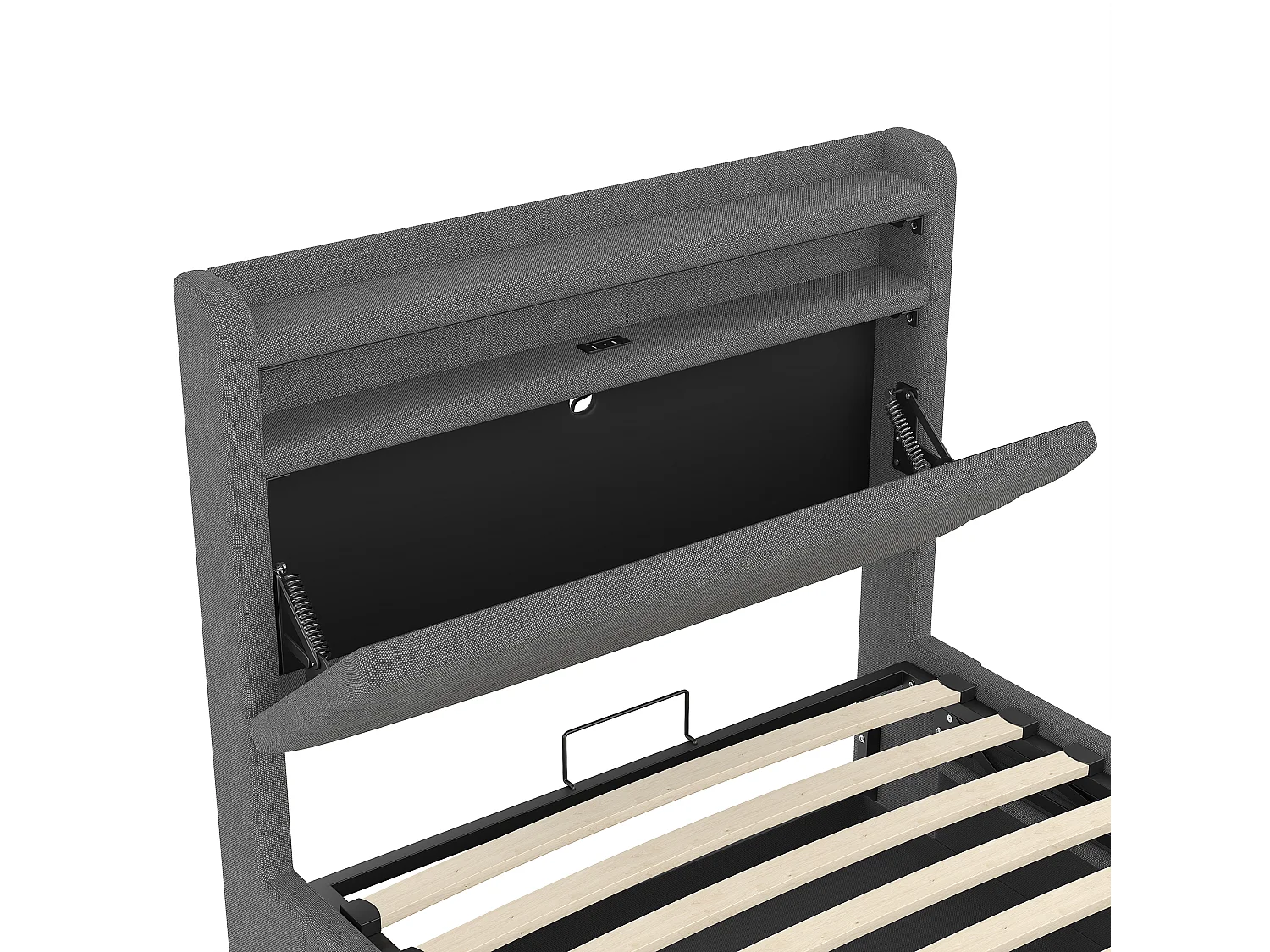 Lit coffre capitonné 90x200 cm - avec lumière LED - avec interface USB + Type-C - avec compartiments de rangement - tissu lin - gris (matelas non inclus)