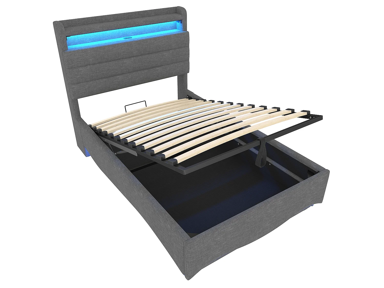 Lit coffre capitonné 90x200 cm - avec lumière LED - avec interface USB + Type-C - avec compartiments de rangement - tissu lin - gris (matelas non inclus)