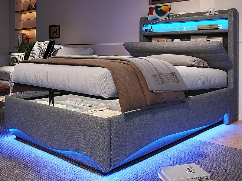 Lit coffre capitonné 90x200 cm - avec lumière LED - avec interface USB + Type-C - avec compartiments de rangement - tissu lin - gris (matelas non inclus)