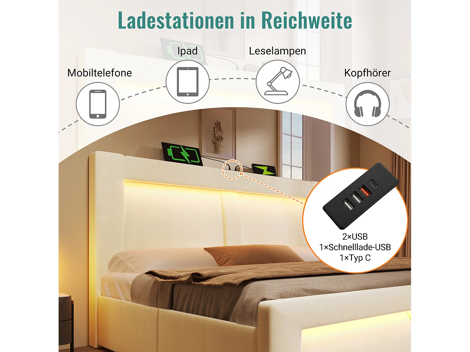 Lit coffre simple - 90 x 200 cm - avec sommier hydraulique + Leds + USB + tête de lit incurvée - velours - beige