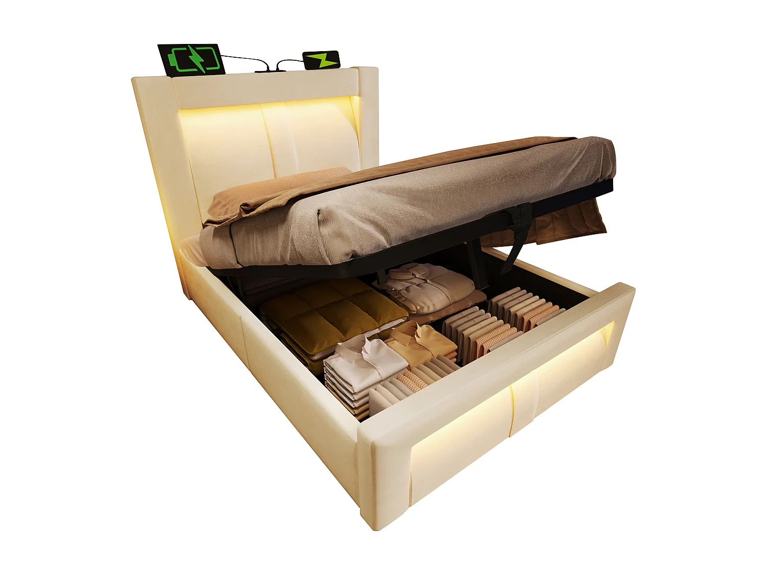 Lit coffre simple - 90 x 200 cm - avec sommier hydraulique + Leds + USB + tête de lit incurvée - velours - beige