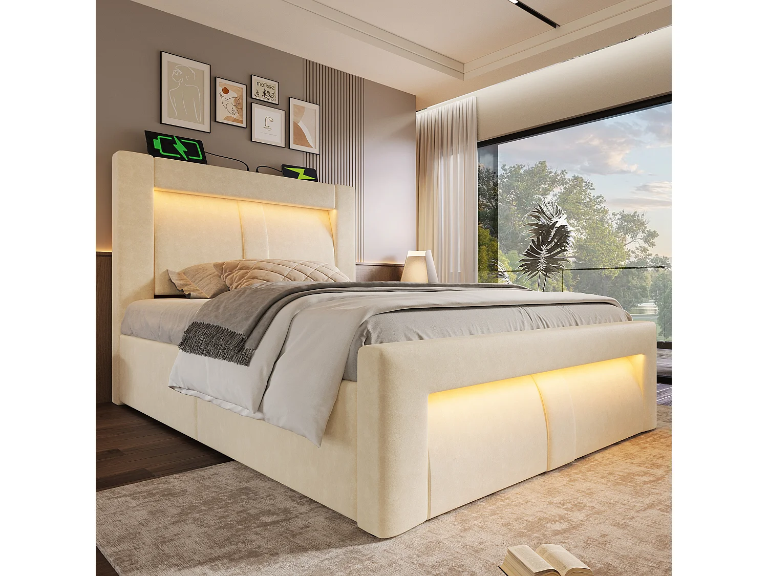 Lit coffre simple - 90 x 200 cm - avec sommier hydraulique + Leds + USB + tête de lit incurvée - velours - beige