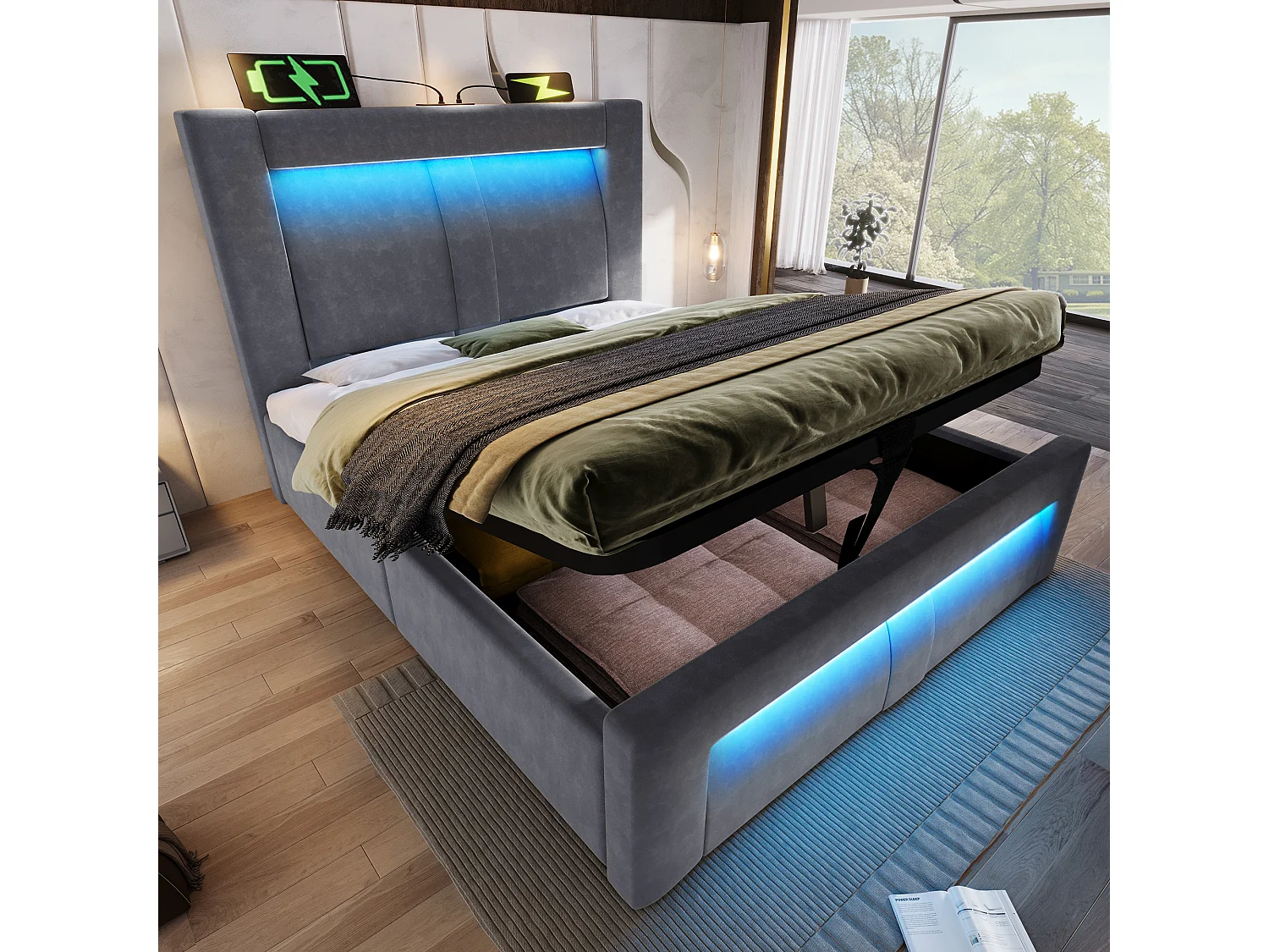 Lit coffre simple - 90 x 200 cm - avec sommier hydraulique + Leds + USB + tête de lit incurvée - velours - gris