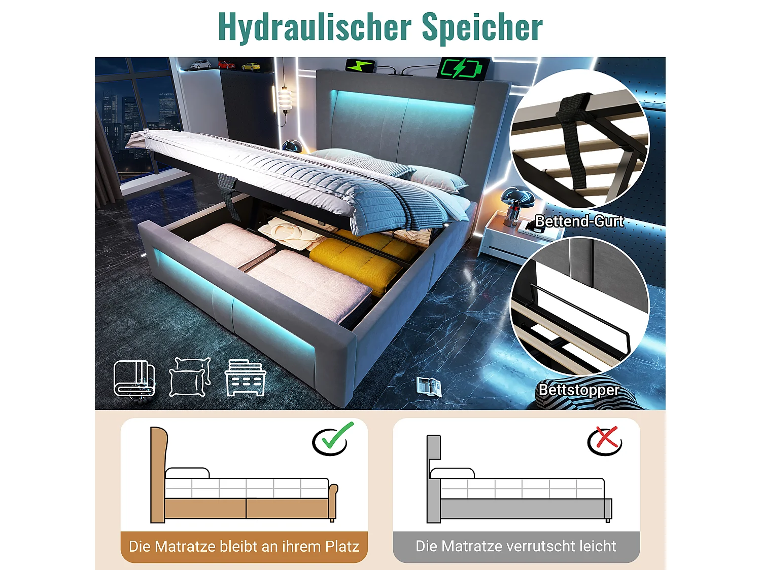 Lit coffre simple - 90 x 200 cm - avec sommier hydraulique + Leds + USB + tête de lit incurvée - velours - gris