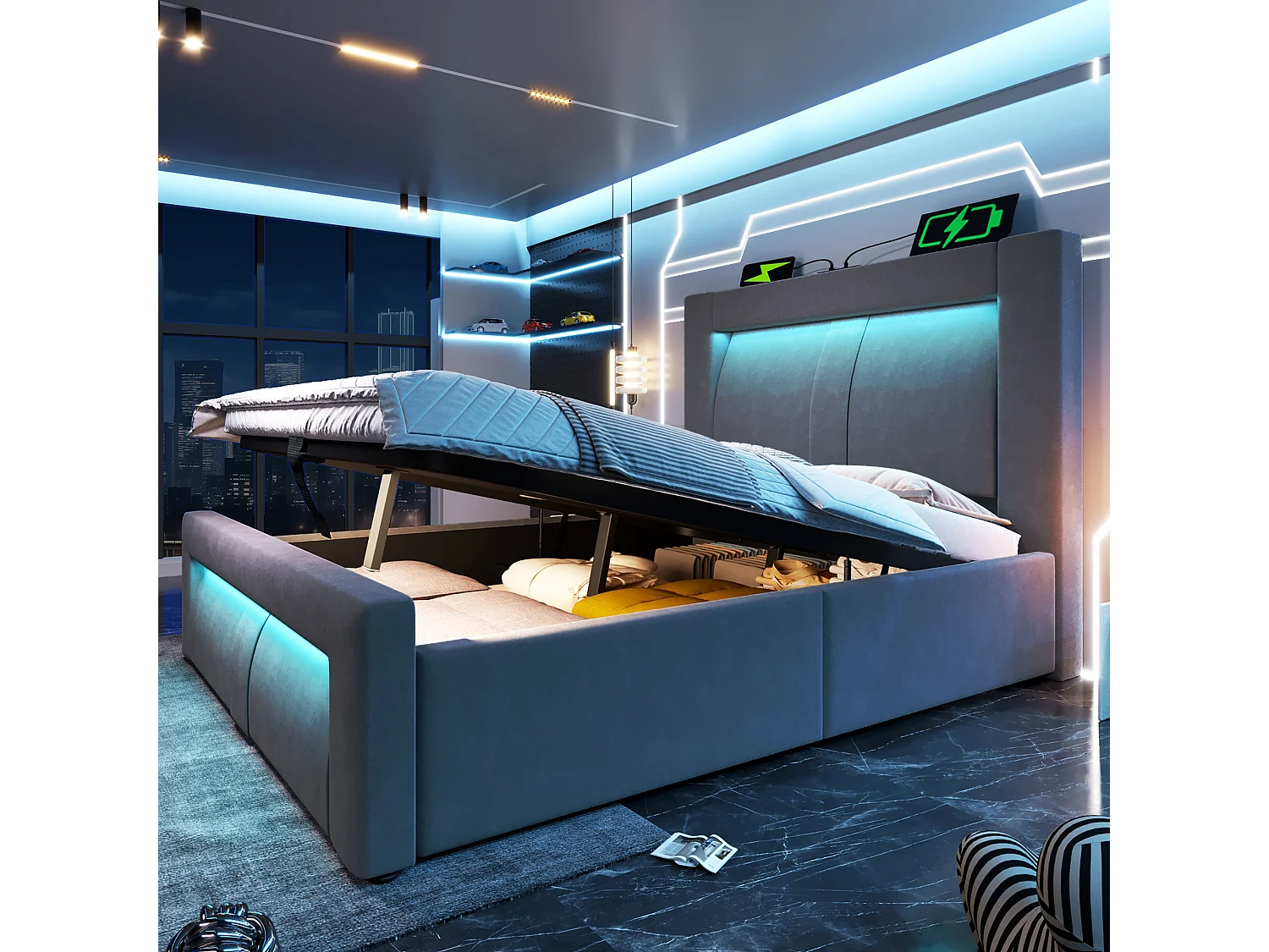 Lit coffre simple - 90 x 200 cm - avec sommier hydraulique + Leds + USB + tête de lit incurvée - velours - gris