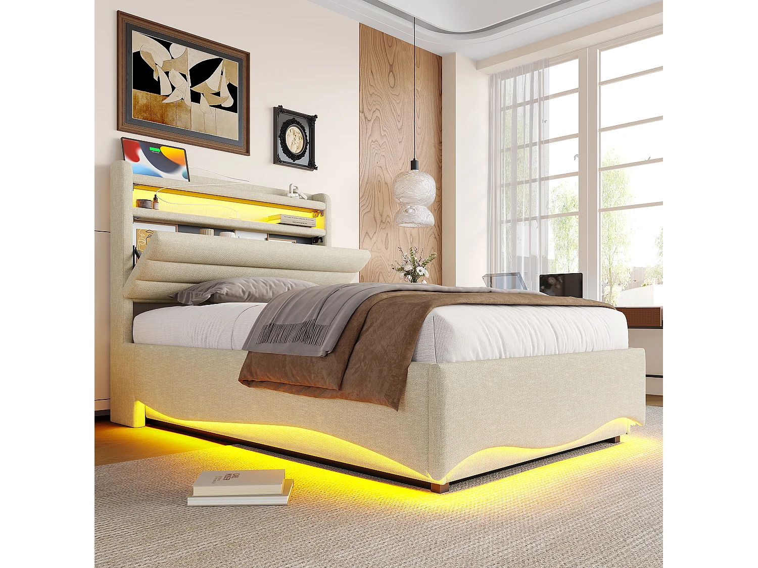 Lit coffre capitonné 90x200 cm - avec lumière LED - avec interface USB + Type-C - avec compartiments de rangement - tissu lin - beige (matelas non inclus)