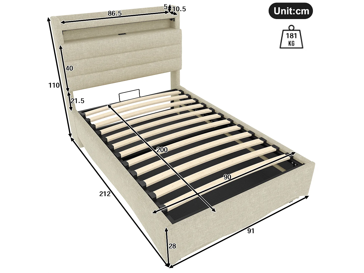 Lit coffre capitonné 90x200 cm - avec lumière LED - avec interface USB + Type-C - avec compartiments de rangement - tissu lin - beige (matelas non inclus)
