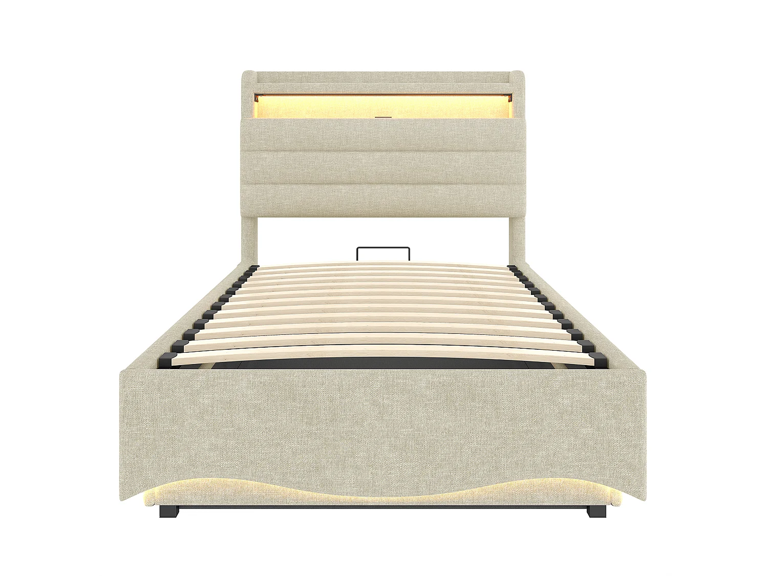 Lit coffre capitonné 90x200 cm - avec lumière LED - avec interface USB + Type-C - avec compartiments de rangement - tissu lin - beige (matelas non inclus)