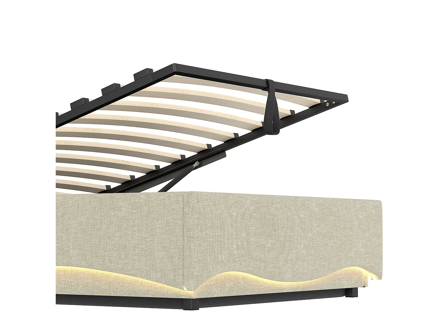 Lit coffre capitonné 90x200 cm - avec lumière LED - avec interface USB + Type-C - avec compartiments de rangement - tissu lin - beige (matelas non inclus)