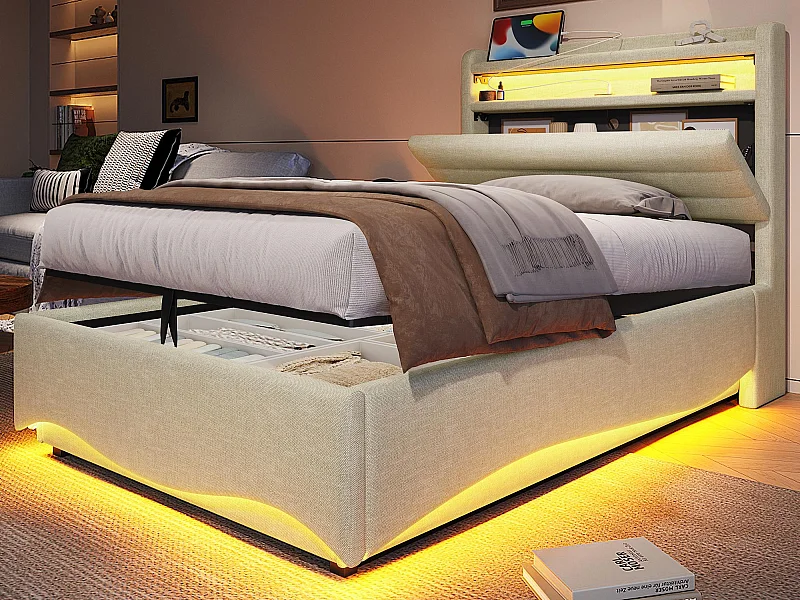 Lit coffre capitonné 90x200 cm - avec lumière LED - avec interface USB + Type-C - avec compartiments de rangement - tissu lin - beige (matelas non inclus)