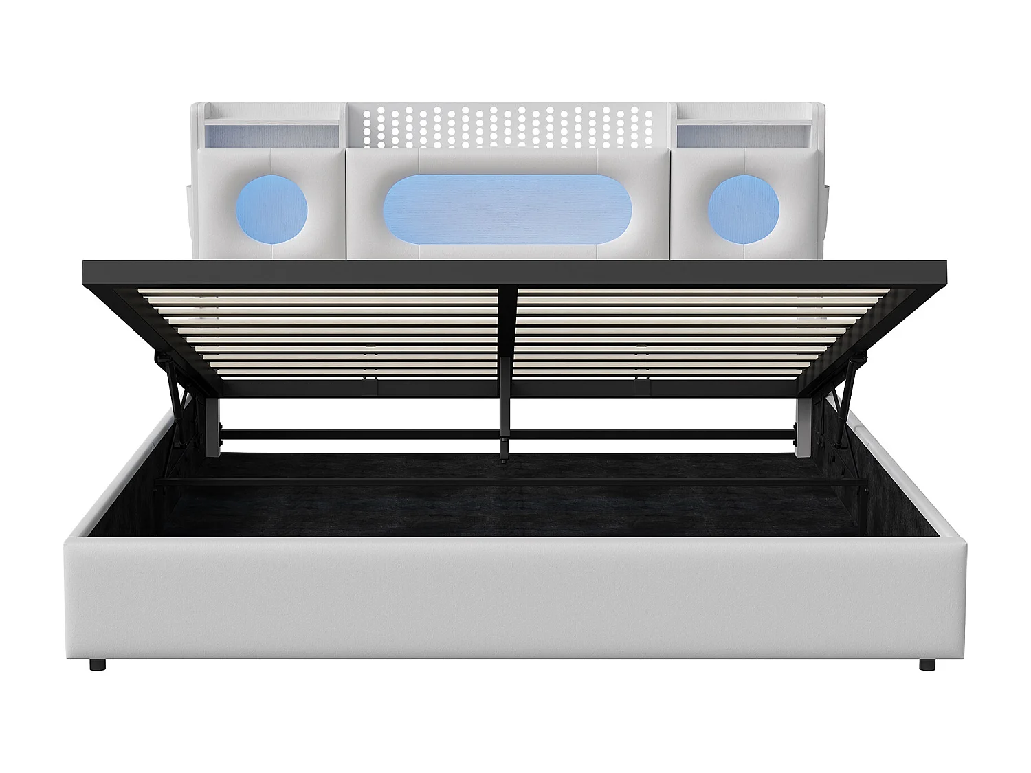 Lit double 140x200cm avec tête de lit LED - espace de rangement et port USB - lit coffre hydraulique - PU - blanc