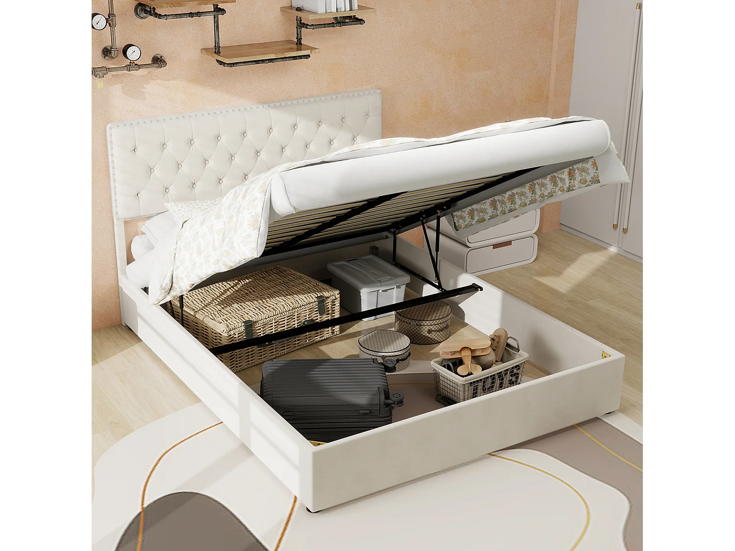 140x200cm fluwelen opbergbed - Decoratief hoofdbord met knopen - Beige