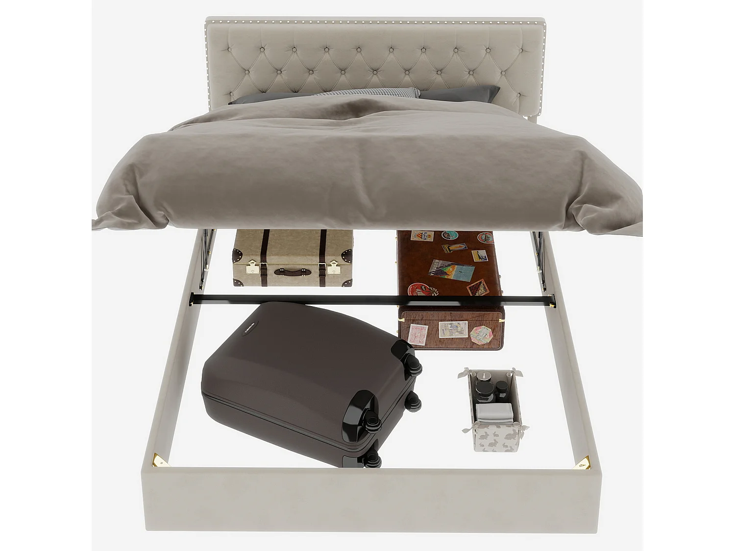 140x200cm fluwelen opbergbed - Decoratief hoofdbord met knopen - Beige