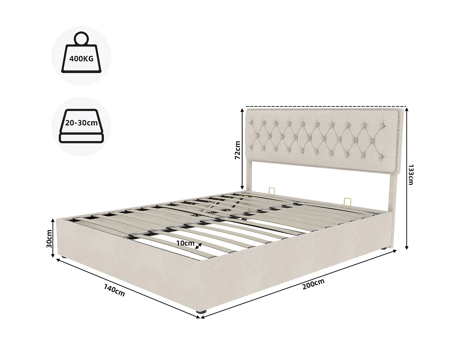 140x200cm fluwelen opbergbed - Decoratief hoofdbord met knopen - Beige