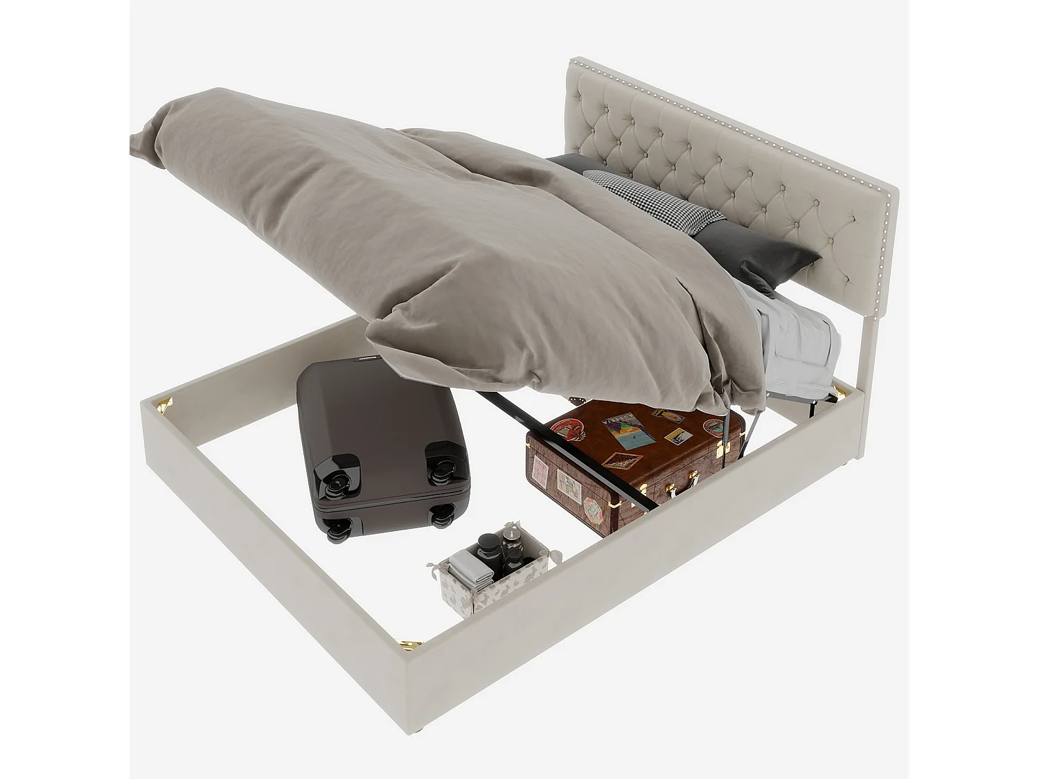 140x200cm fluwelen opbergbed - Decoratief hoofdbord met knopen - Beige