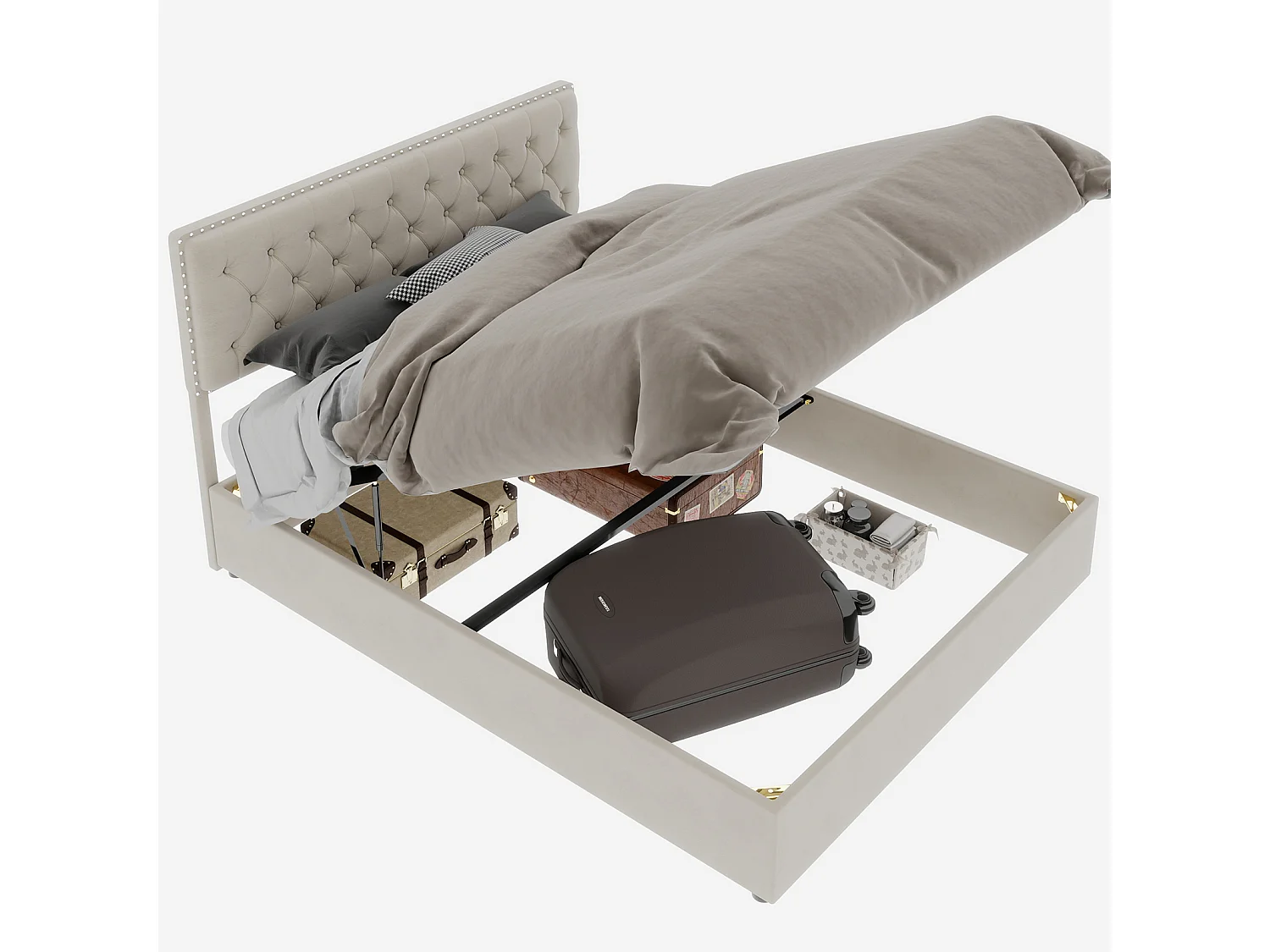 140x200cm fluwelen opbergbed - Decoratief hoofdbord met knopen - Beige