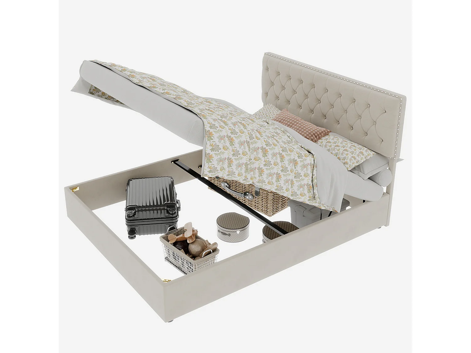 140x200cm fluwelen opbergbed - Decoratief hoofdbord met knopen - Beige