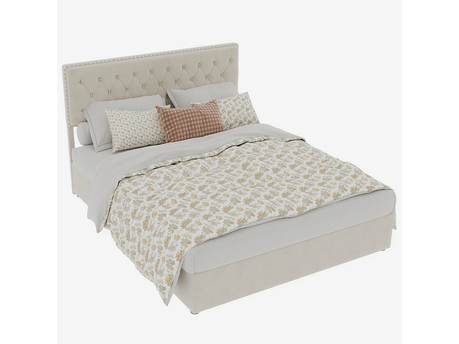 140x200cm fluwelen opbergbed - Decoratief hoofdbord met knopen - Beige