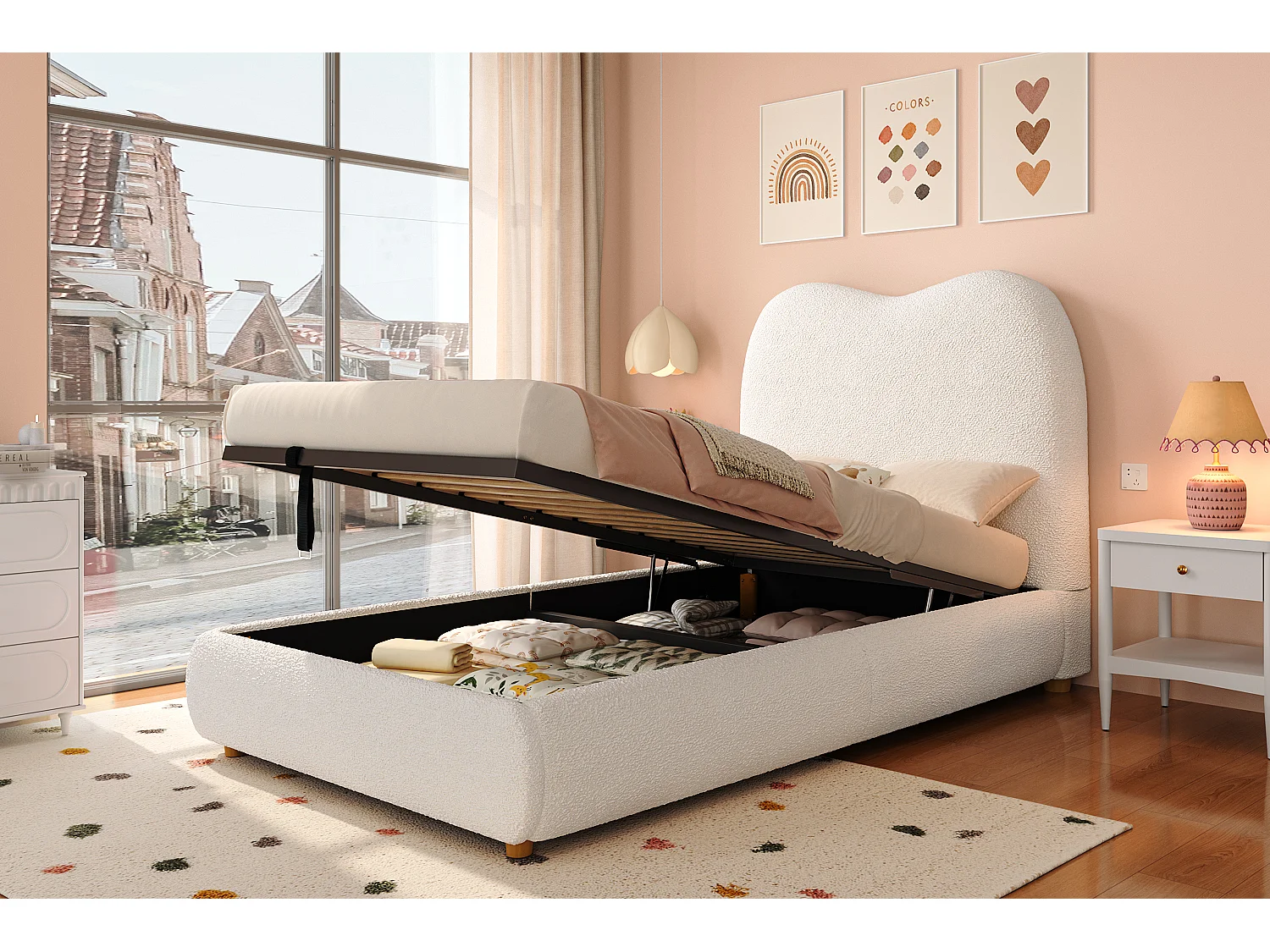 Kinderbed met opbergruimte 90x200cm in beige fluweel - Gestoffeerd bed met hoofdeinde