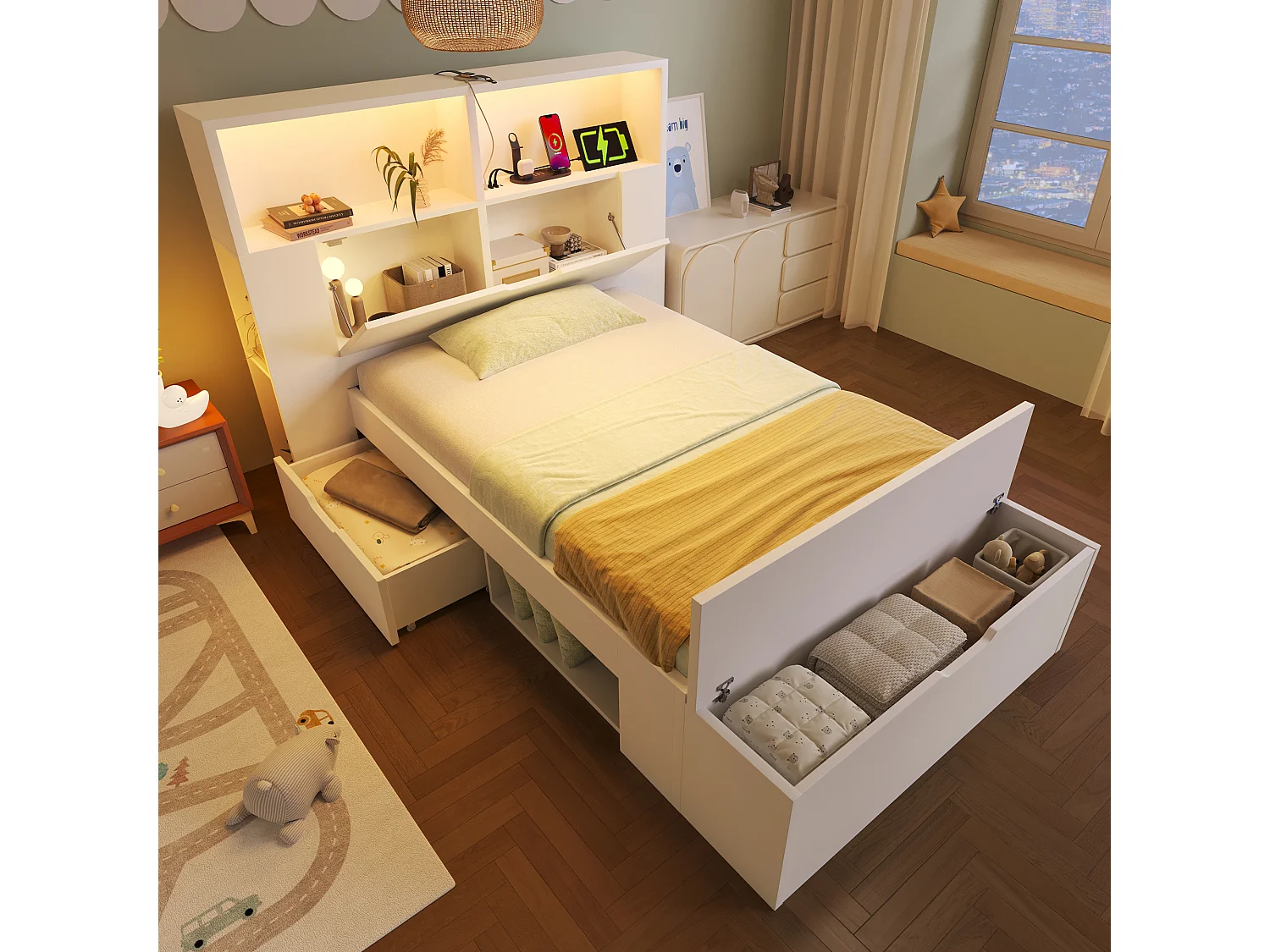 Lit coffre enfant en bois - 90 x 200 cm - avec tête de lit de rangements + Leds + USB + tiroirs + banquette - bois - blanc