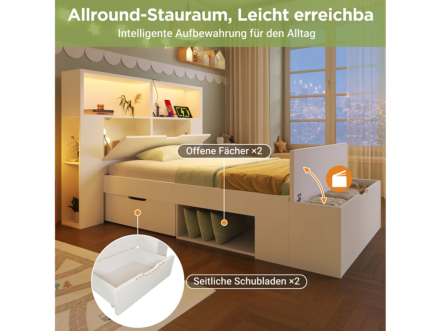 Lit coffre enfant en bois - 90 x 200 cm - avec tête de lit de rangements + Leds + USB + tiroirs + banquette - bois - blanc