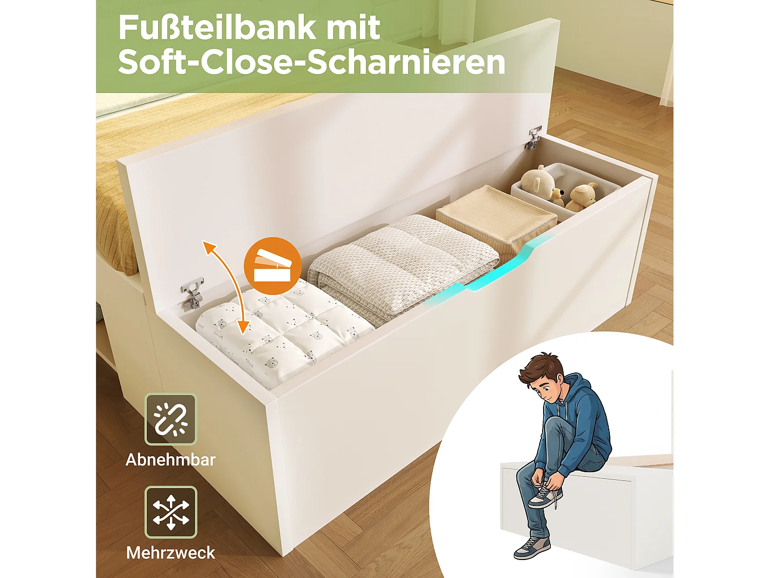 Lit coffre enfant en bois - 90 x 200 cm - avec tête de lit de rangements + Leds + USB + tiroirs + banquette - bois - blanc