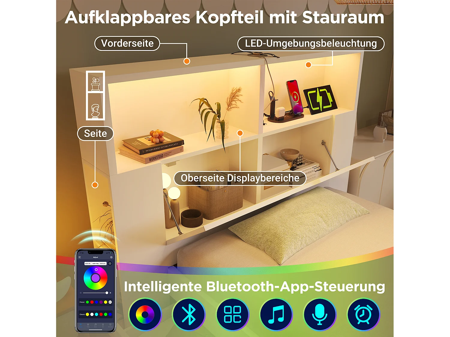 Lit coffre enfant en bois - 90 x 200 cm - avec tête de lit de rangements + Leds + USB + tiroirs + banquette - bois - blanc