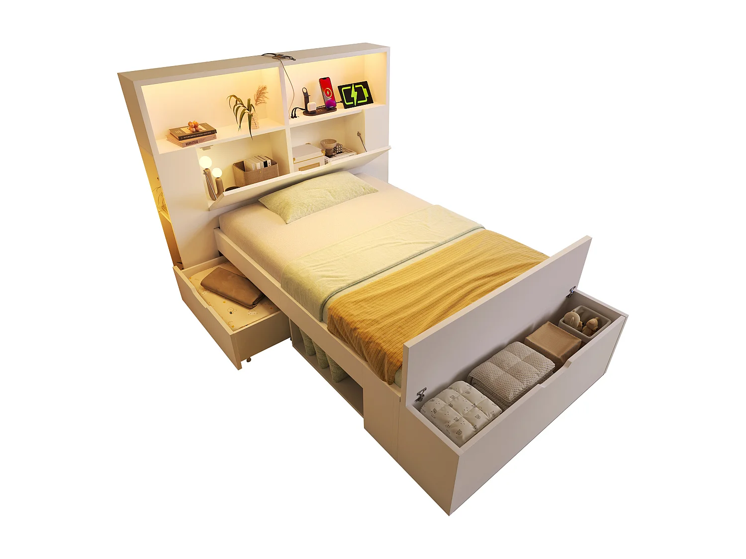 Lit coffre enfant en bois - 90 x 200 cm - avec tête de lit de rangements + Leds + USB + tiroirs + banquette - bois - blanc