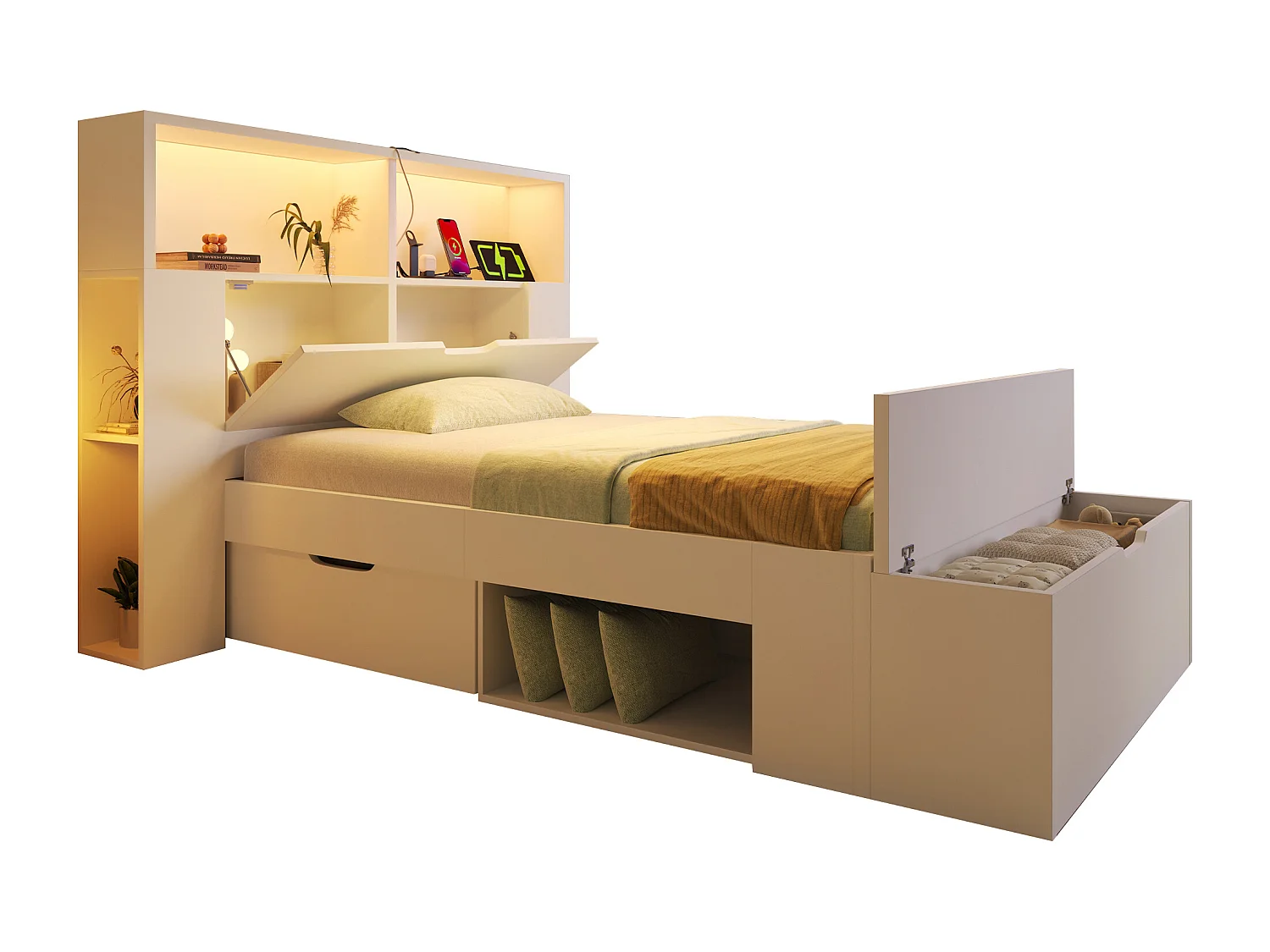 Lit coffre enfant en bois - 90 x 200 cm - avec tête de lit de rangements + Leds + USB + tiroirs + banquette - bois - blanc