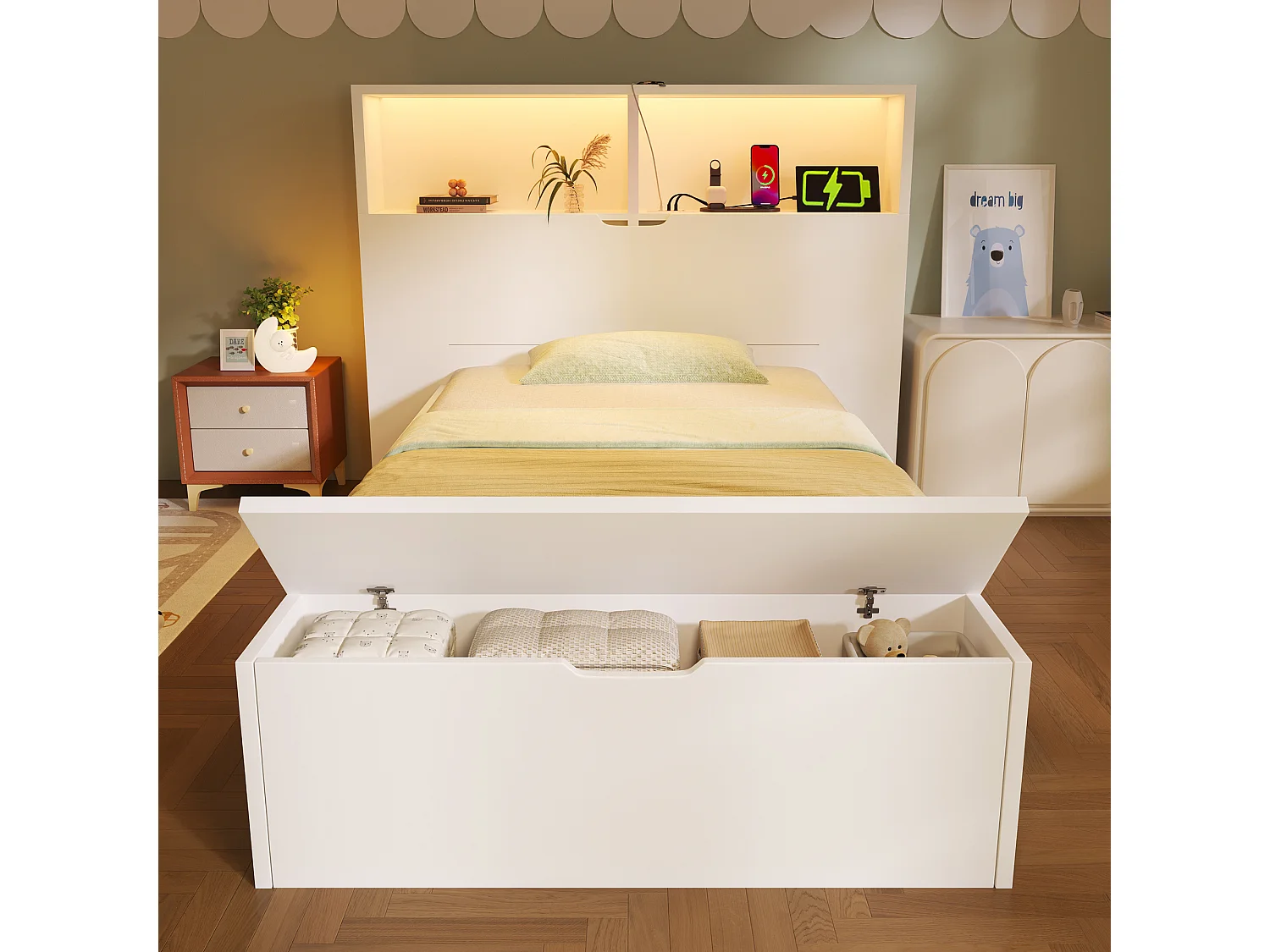 Lit coffre enfant en bois - 90 x 200 cm - avec tête de lit de rangements + Leds + USB + tiroirs + banquette - bois - blanc