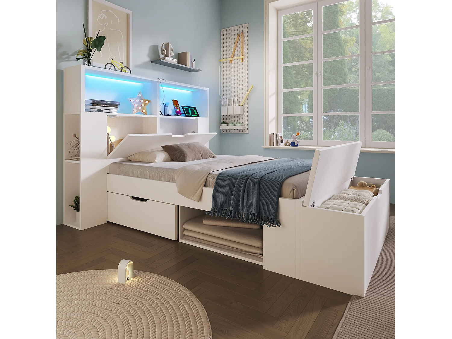Lit coffre enfant en bois - 90 x 200 cm - avec tête de lit de rangements + Leds + USB + tiroirs + banquette - bois - blanc