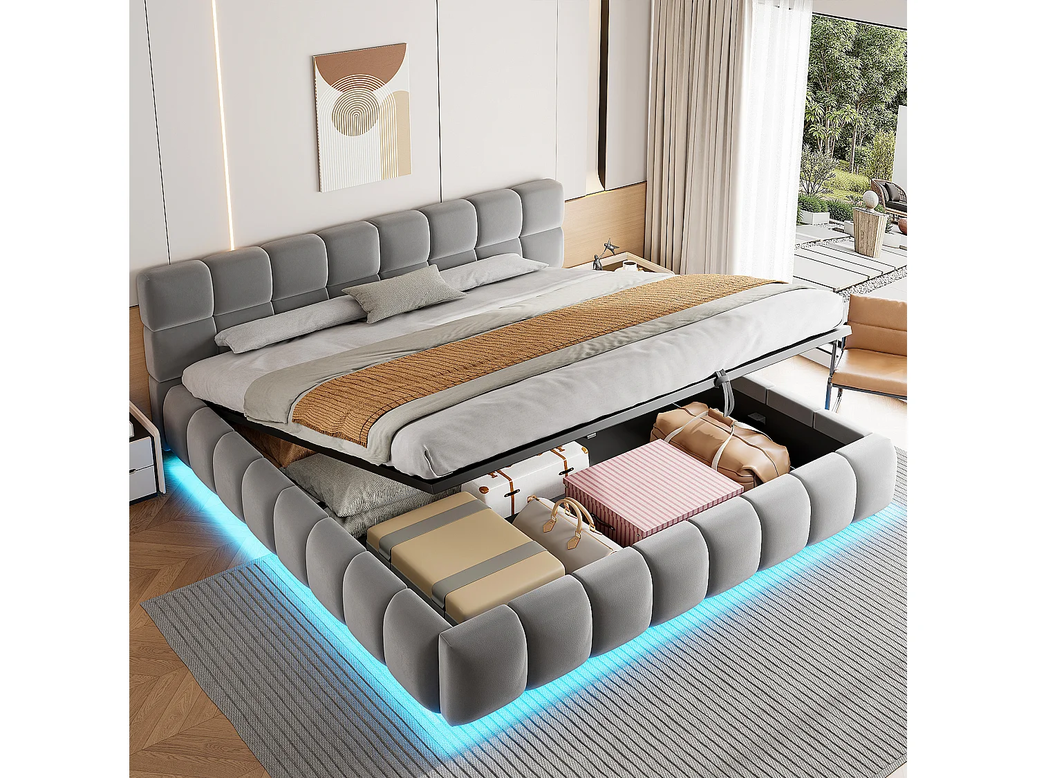 Letto contenitore matrimoniale imbottito - 180 x 200 cm - con LED + testiera + contenitore idraulico - velluto - grigio