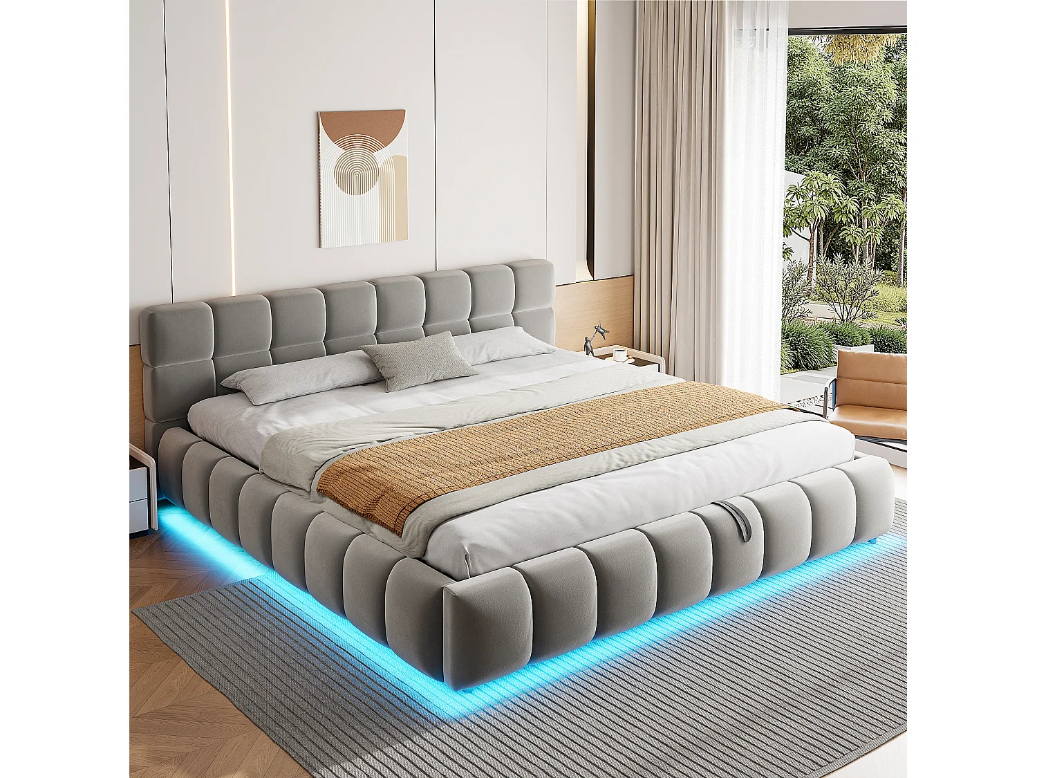 Letto contenitore matrimoniale imbottito - 180 x 200 cm - con LED + testiera + contenitore idraulico - velluto - grigio