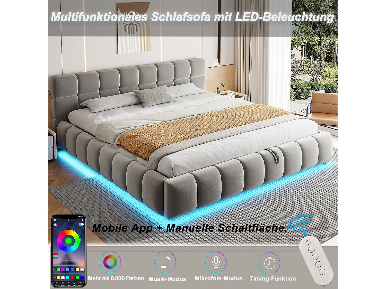 Letto contenitore matrimoniale imbottito - 180 x 200 cm - con LED + testiera + contenitore idraulico - velluto - grigio