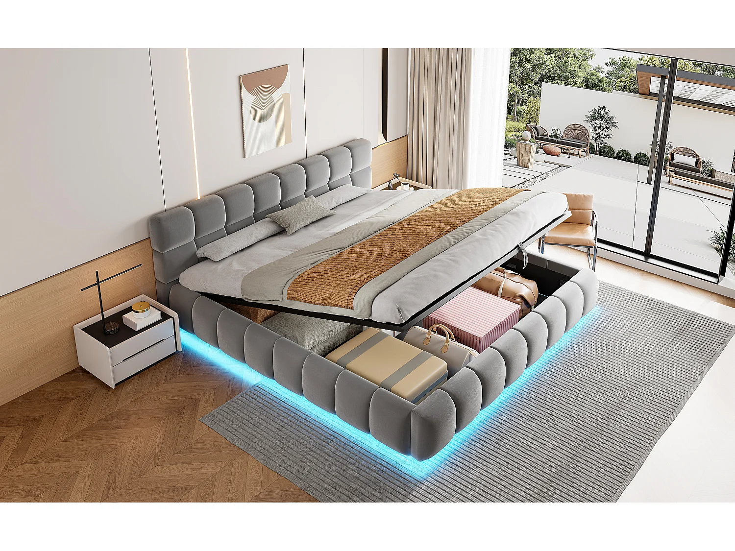 Letto contenitore matrimoniale imbottito - 180 x 200 cm - con LED + testiera + contenitore idraulico - velluto - grigio