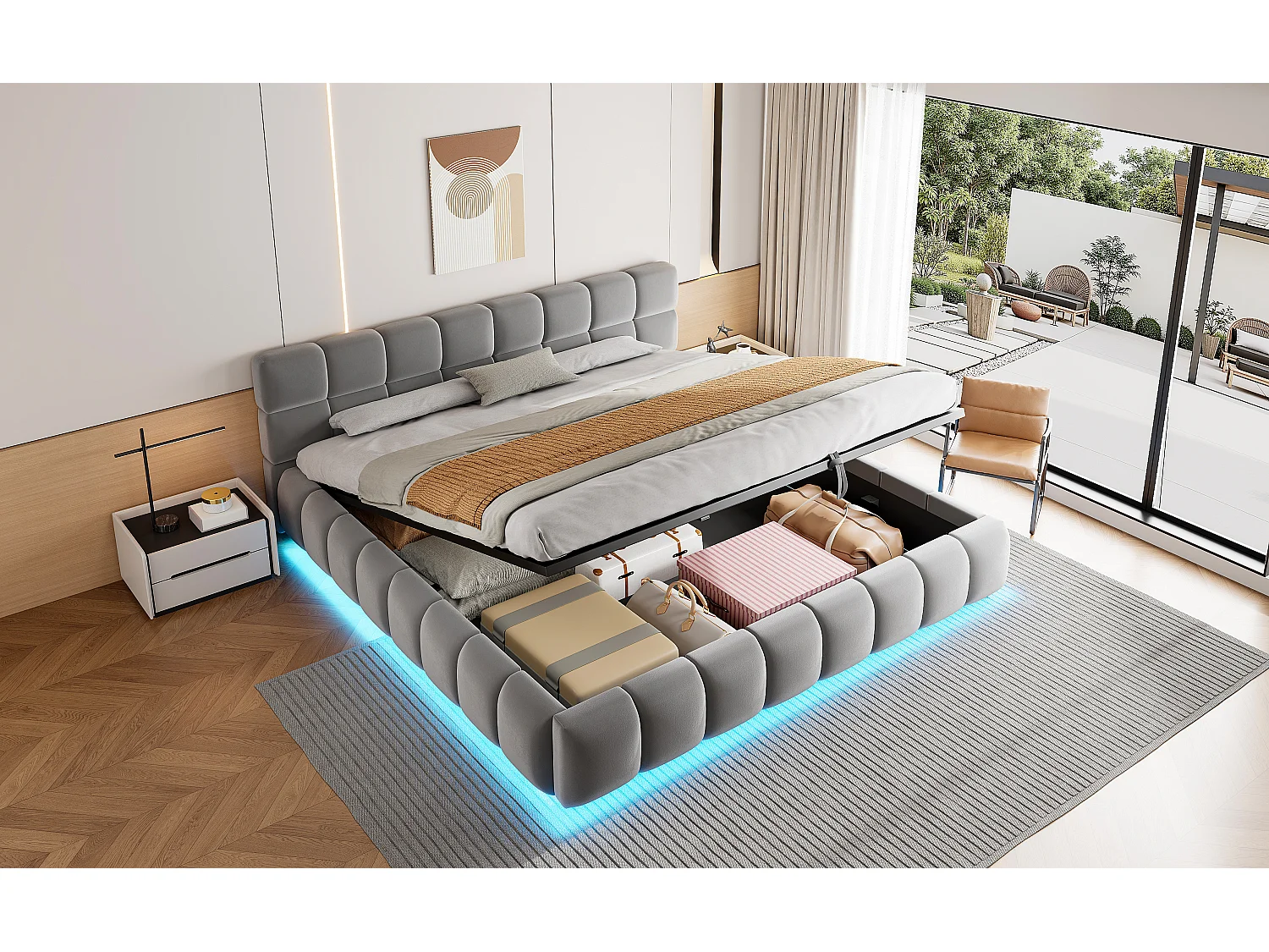 Letto contenitore matrimoniale imbottito - 180 x 200 cm - con LED + testiera + contenitore idraulico - velluto - grigio