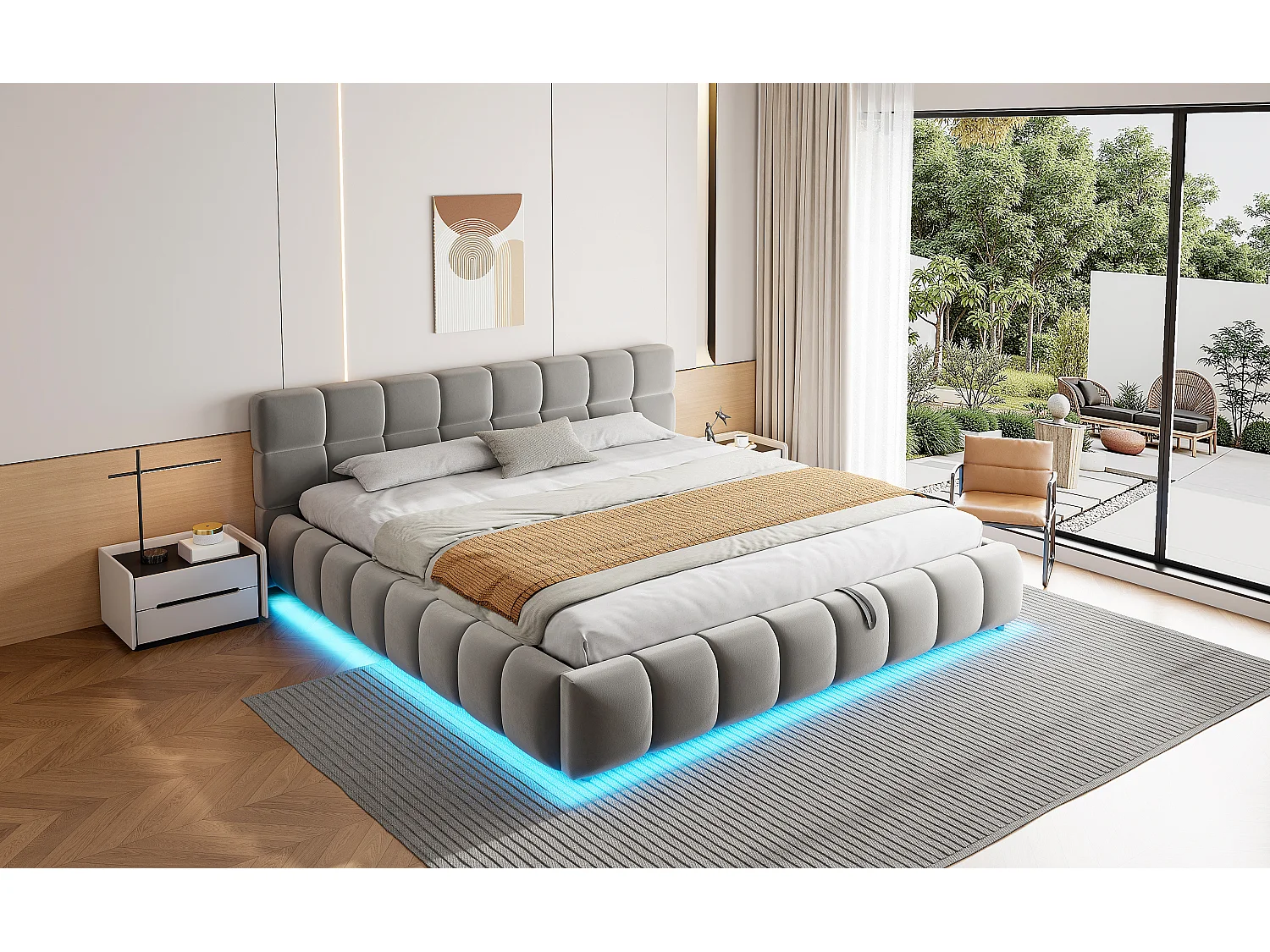 Letto contenitore matrimoniale imbottito - 180 x 200 cm - con LED + testiera + contenitore idraulico - velluto - grigio