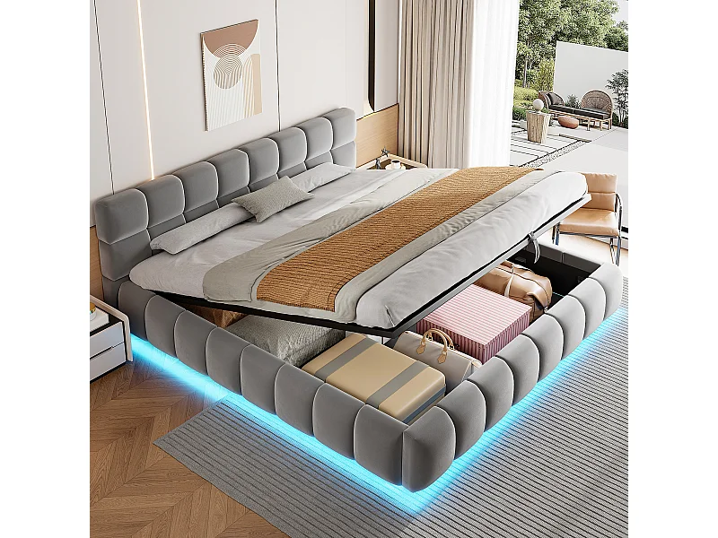 Letto contenitore matrimoniale imbottito - 180 x 200 cm - con LED + testiera + contenitore idraulico - velluto - grigio