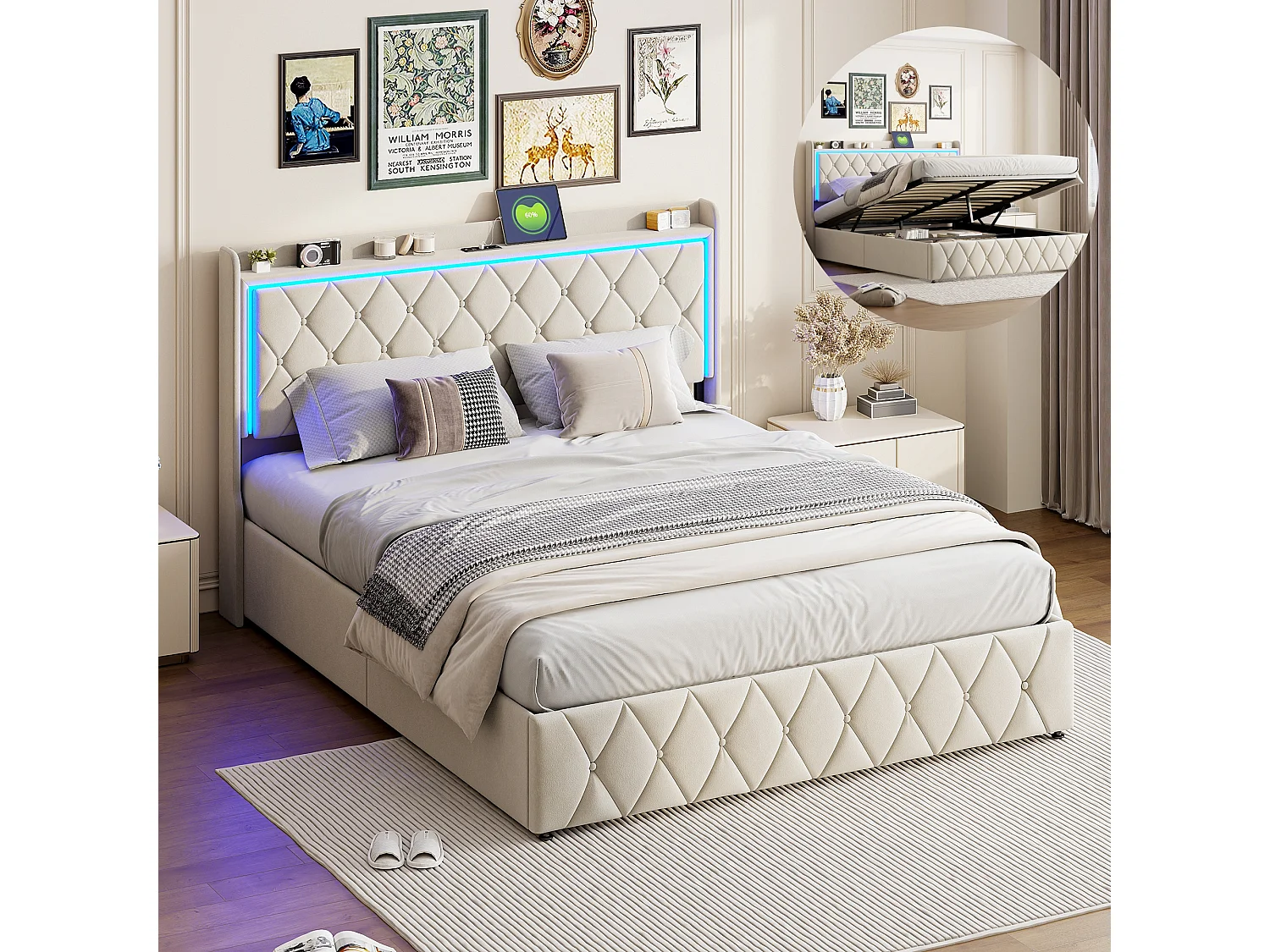 Lit double 140x200cm avec rangement hydraulique - tête de lit avec LED et ports USB - velours - beige