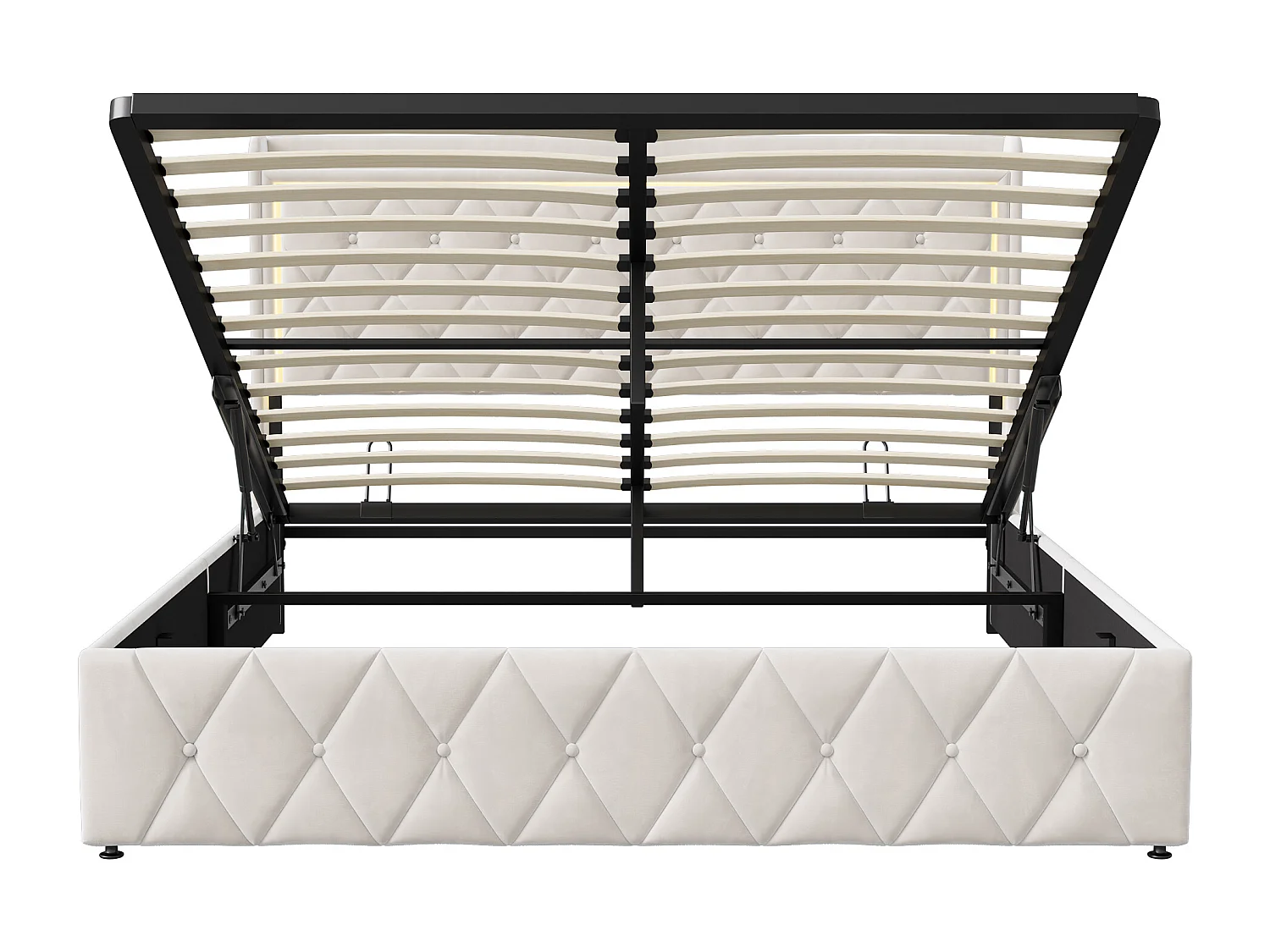 Lit double 140x200cm avec rangement hydraulique - tête de lit avec LED et ports USB - velours - beige