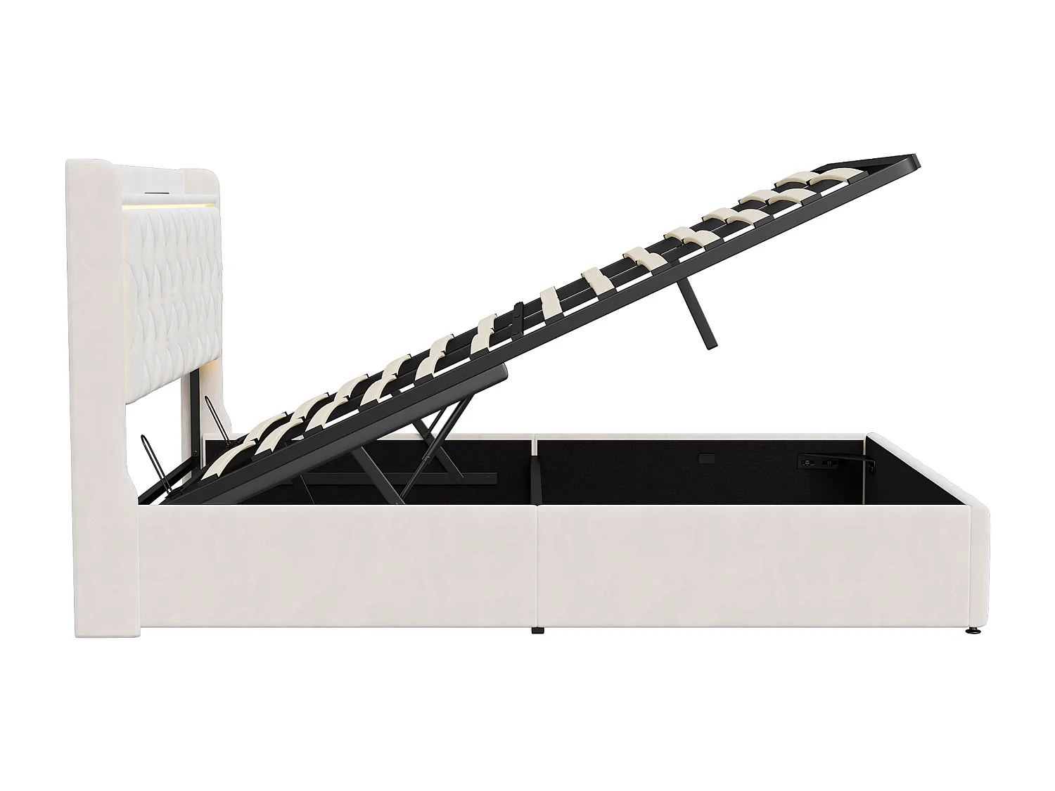 Lit double 140x200cm avec rangement hydraulique - tête de lit avec LED et ports USB - velours - beige