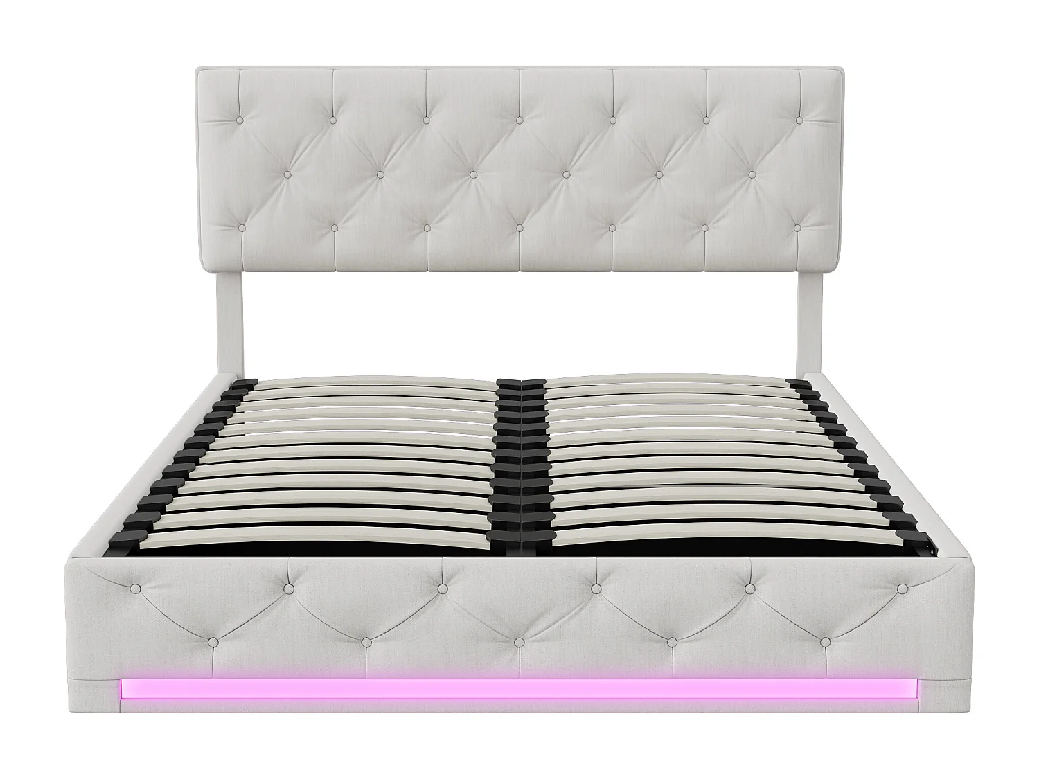 Lit coffre 160x200cm - avec éclairage LED et rangement hydraulique - tête de lit réglable en hauteur - lin - blanc cassé