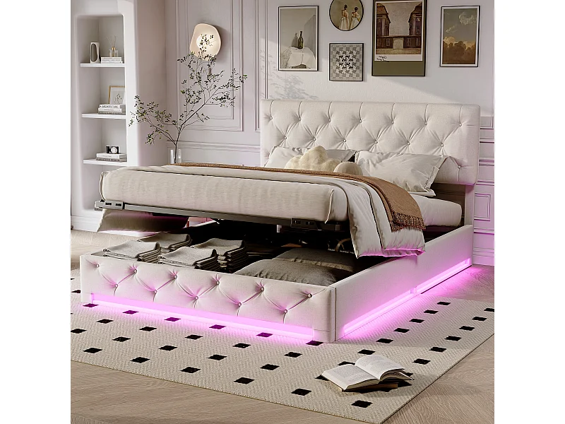 Lit coffre 160x200cm - avec éclairage LED et rangement hydraulique - tête de lit réglable en hauteur - lin - blanc cassé