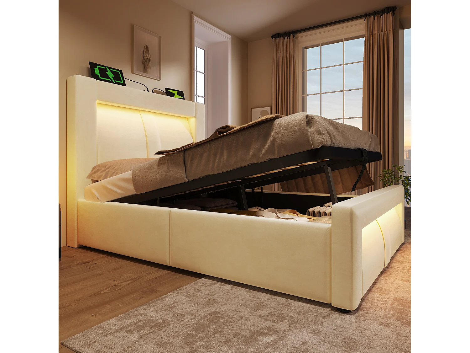 Lit coffre simple - 90 x 200 cm - avec sommier hydraulique + Leds + USB + tête de lit incurvée - velours - beige(avec matelas)