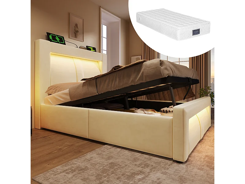 Lit coffre simple - 90 x 200 cm - avec sommier hydraulique + Leds + USB + tête de lit incurvée - velours - beige(avec matelas)