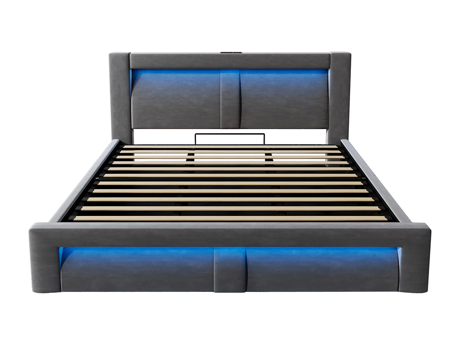 Lit coffre rembourré 180x200cm - avec éclairage LED - avec ports USB et Type-C - velours - Gris (sans matelas)