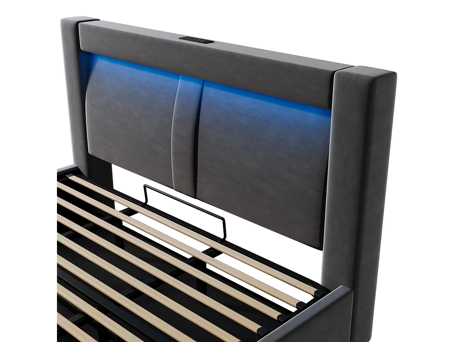 Lit coffre rembourré 180x200cm - avec éclairage LED - avec ports USB et Type-C - velours - Gris (sans matelas)