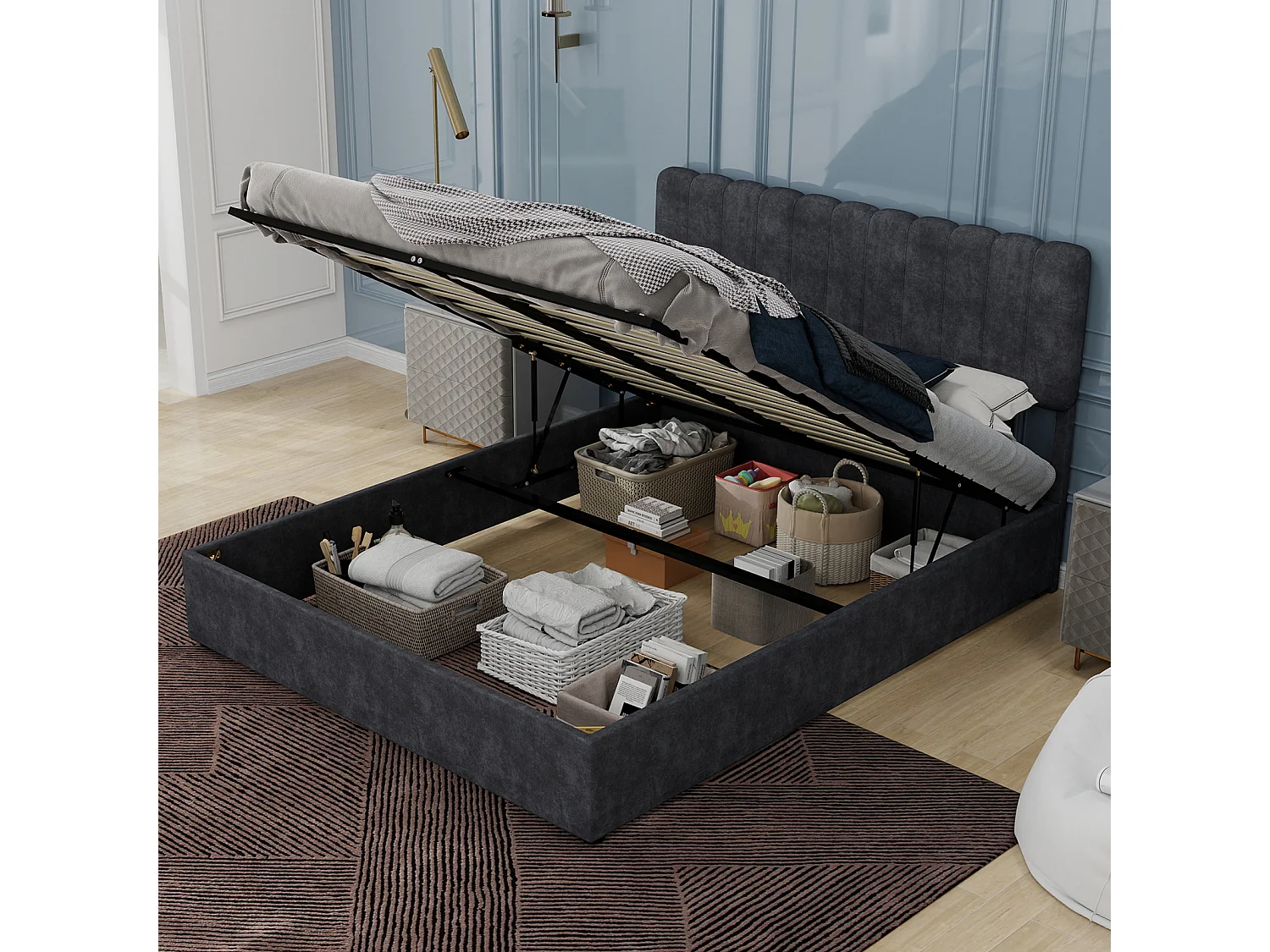 Opbergbed voor volwassenen 160x200cm - Gestoffeerd bed in grijs fluweel (matras niet inbegrepen)